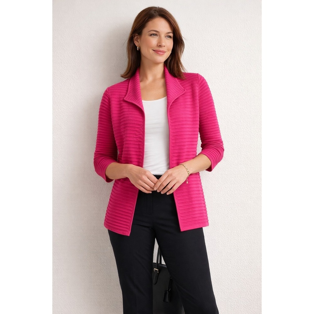 Talbots Petite Medium Pink Open Front Cardigan Ribbed Casual Career Layer NWT